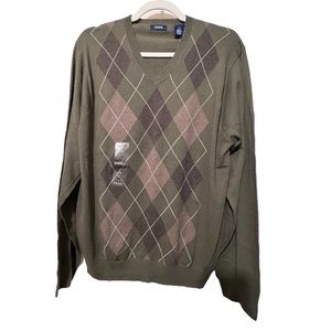 Men’s Izod Argyle V-neck Sweater Green Brown Large